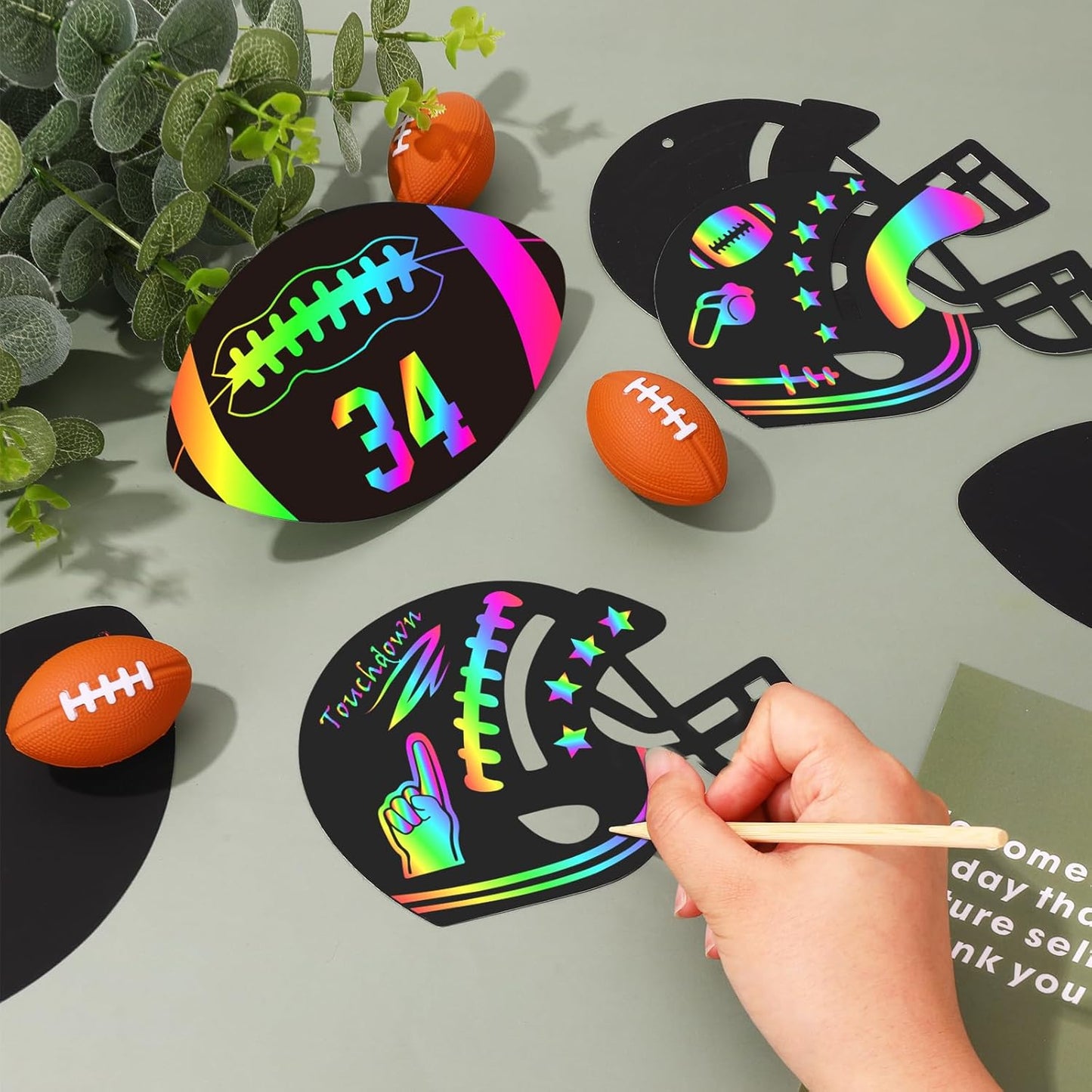 JarThenaAMCS 60 Pcs Football Scratch Paper Craft Kits Football Helmet Scratch Cards Ornaments with Ribbon and Wooden Styluses for DIY Crafts Painting Classroom Party Supplies