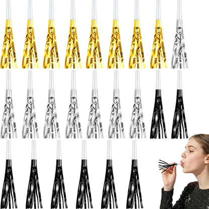 Sumind 24 Pcs Gold Noise Makers Metallic Fringed Party Blowers Horns Whistles Noisemakers Party Favors for Adults Birthday Graduation Sporting Events Celebration Surprise Supplies