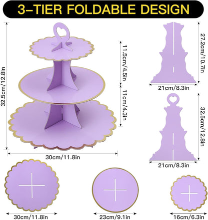 Soleebee 3-Tier Cupcake Stand, Cardboard Cupcake Tower, Cup Cake Stand Tower for Birthday Wedding Party Decoration, Cupcake Tier Stand Desserts Display 1 Set (Purple Gold)
