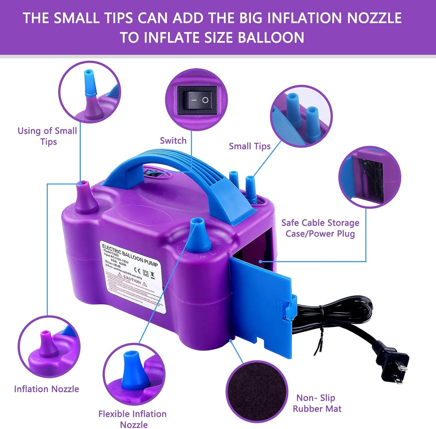 QIPUMP Balloon Pump Electric,110V 600W Balloon Blower Inflator Dual Nozzle Air Pump Balloons Inflator for Decoration, Party, Sport,Gifts:2 Balloon Tying Tools