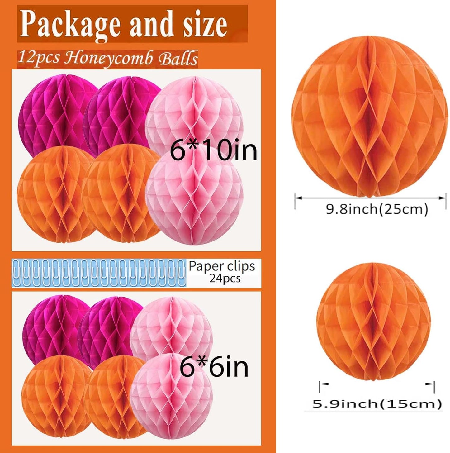 Rainbow Paper Honeycomb Balls,6 and 10 inch Hanging Tissue Pompoms,12 Pack Party Decorations