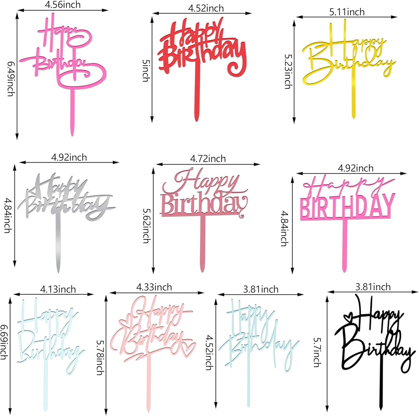 10 PCS Black Happy Birthday Cake Topper Acrylic Cupcake Topper A Series of Birthday Cake Supplies Decorations