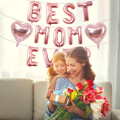 Rose Gold Best Mom Ever Balloons,16 Inch Mom Balloon Letters for Mother Birthday Mother's Day Decorations