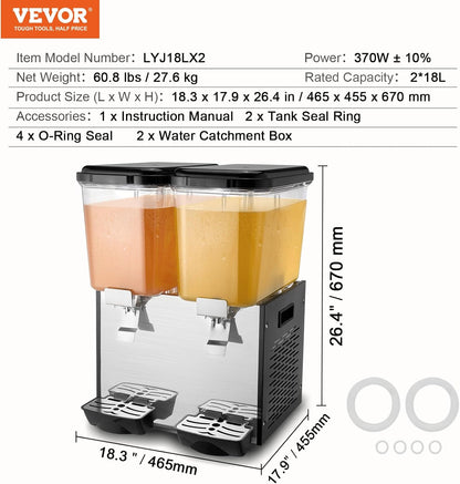 VEVOR Commercial Beverage Dispenser, 2 Tanks 18 L / 19 QT Per Tank Juice Dispenser, 370W Stainless Steel Ice Tea Drink Machine with 45°F-54°F Cooling Temperature, for Cold Drink Restaurant Bar Party