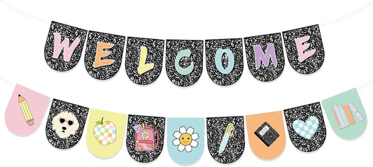 Welcome Back to School Banner, Composition Notebook Classroom Decor, First Day of School Banner Welcome Sign for Classroom Decorations Office Home Decor Party Supplies