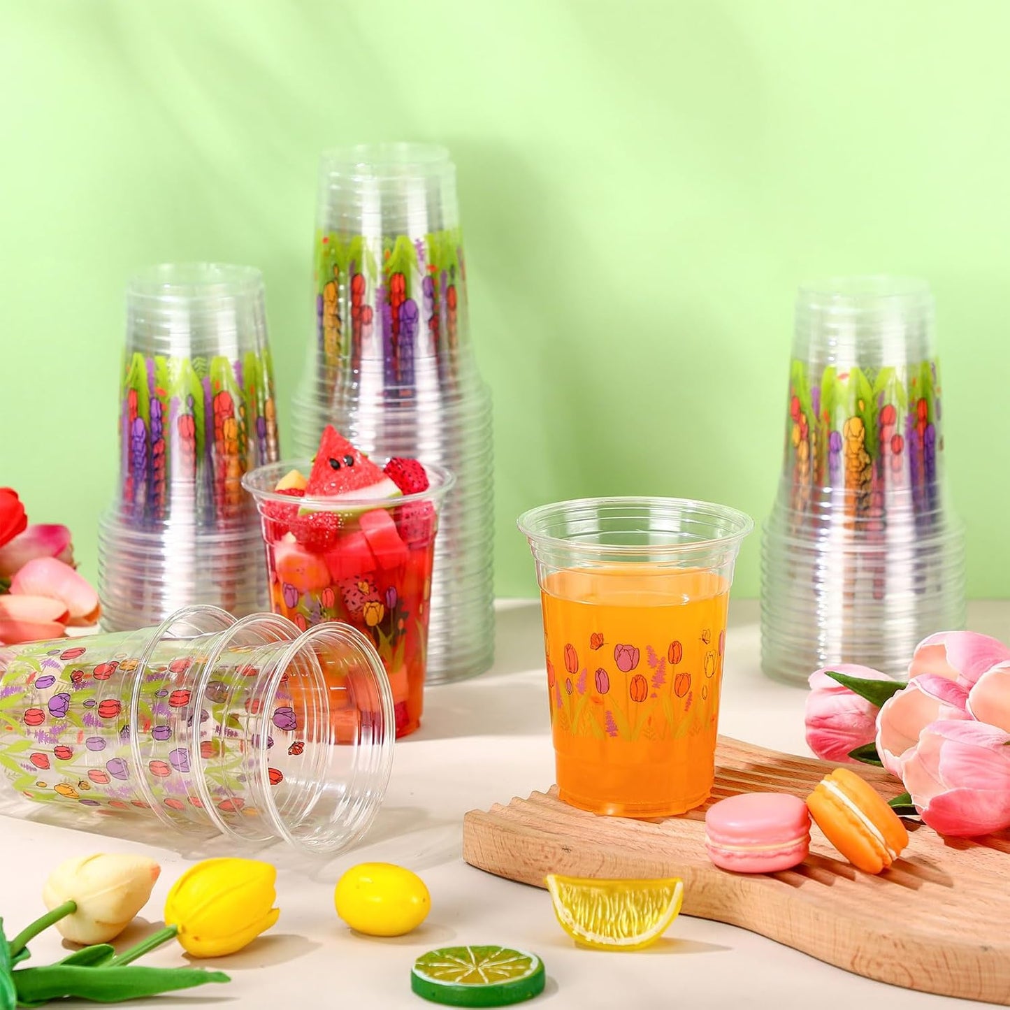 Hushee 60 Pcs Purple Floral Cups with Spring Summer Flower 16 oz Wildflowers Plastic Disposable Drinking Cups for Summer Spring Birthday Baby Shower Wedding Party Supplies