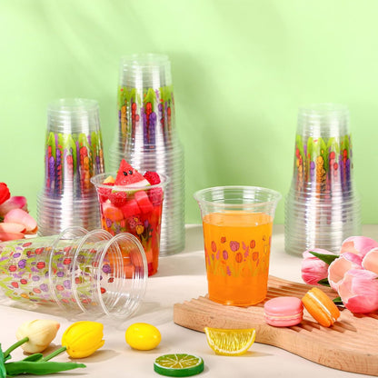 Hushee 60 Pcs Purple Floral Cups with Spring Summer Flower 16 oz Wildflowers Plastic Disposable Drinking Cups for Summer Spring Birthday Baby Shower Wedding Party Supplies