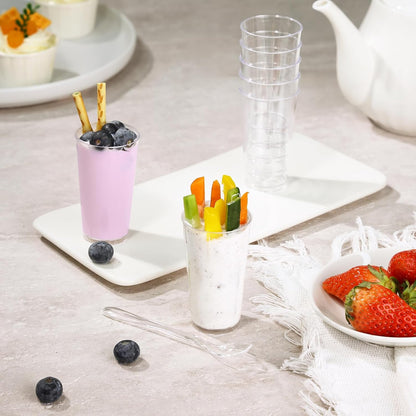 Eupako 3 oz Plastic Dessert Shooter Cups with Spoons - 100 Pack Mini Clear Slanted Appetizer Cup, Small Dessert Cup for Jello Shots, Parfait, Puddings, Mousse