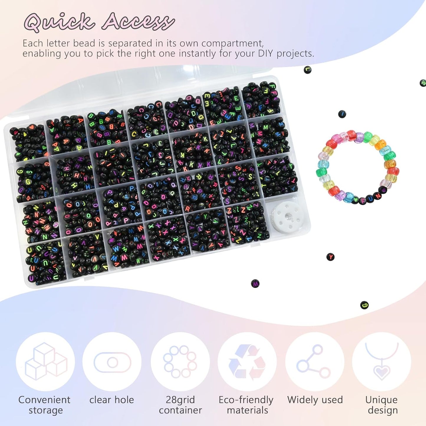 Amaney 1400pcs Glow Letter Beads, Heart Beads Whit Elastic Beading Cord,4x7mm Round Acrylic Alphabet Beads for Friend Bracelet Jewelry Making