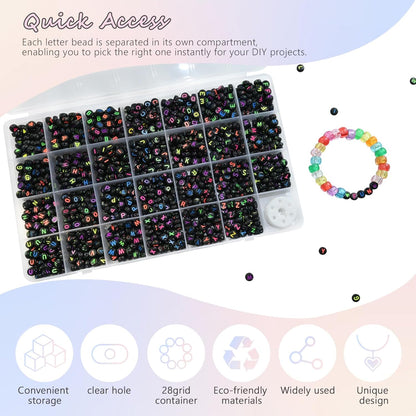 Amaney 1400pcs Glow Letter Beads, Heart Beads Whit Elastic Beading Cord,4x7mm Round Acrylic Alphabet Beads for Friend Bracelet Jewelry Making
