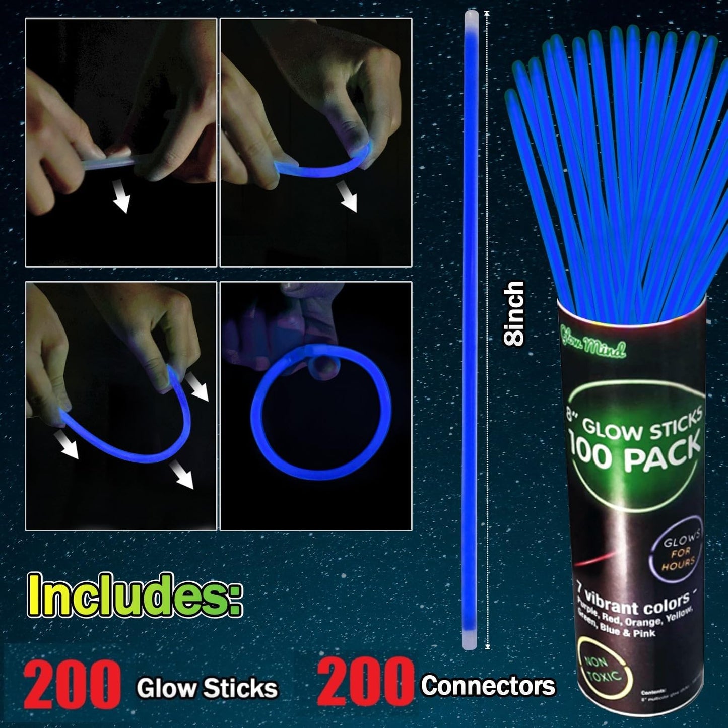 200 Pcs Red Glow Sticks Bracelet Necklaces Bulk Glow in The Dark Party Supplies 8” Light Up Stick with Connectors for Christmas Valentine's Day Easter 4th of July Party Favors Birthday Carnival