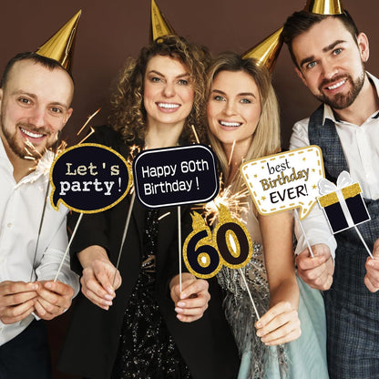 32pcs 60th Birthday Photo Booth Props for Men Women, 60 Birthday Selfie Props Kit, Classic Black Gold Happy 60th Birthday Party Supplies, Cheers to 60 Years Old Bday Decor
