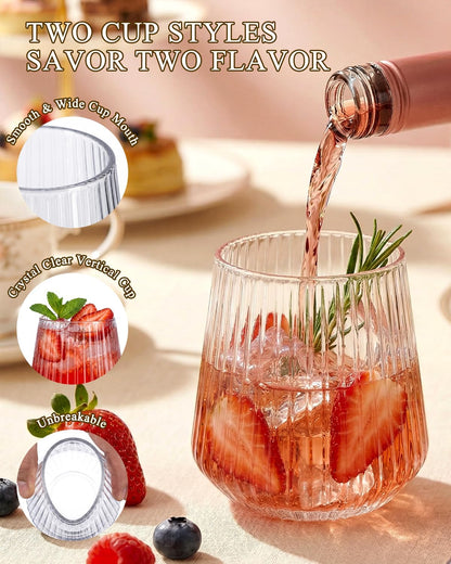 Ciaell 30 Pack Pink Plastic Ribbed Wine Glasses, 12 OZ Origami Stemless Disposable Wine Champagne Whiskey Glasses Unbreakable Clear Plastic Cocktail Glasses, Wine Cups for Party Wedding