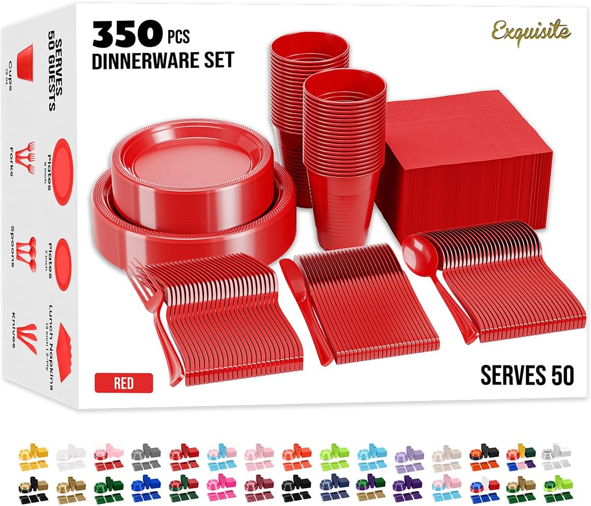 350 Pcs Black Plastic Plates For Party, Black Disposable Plates Set, 50 Of Each 9" Dinner Plate Set, 7" Dessert Plate, Cups, Napkins & Cutlery Plastic Dinnerware Set Exquisite
