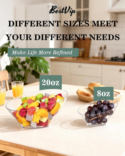 BESTVIP 54oz Clear Plastic Serving Bowls for Party - 12 Pack Angled Disposable Serving Bowls, Party for Chips, Snacks, Fruit, Salad - Bowls for Parties, Daily Use, Catering, Christmas