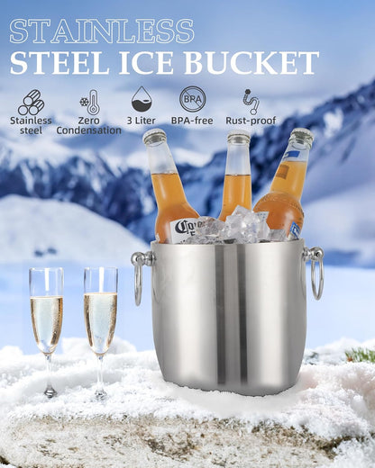 Insulated Ice Bucket, 3L Double Wall Stainless Steel Ice Bucket with Tongs,Lid, Scoop and Strainer, Ice Buckets for Parties,Cocktail Bars, Chilling Beer, Champagne, Wine Bottles,Wood