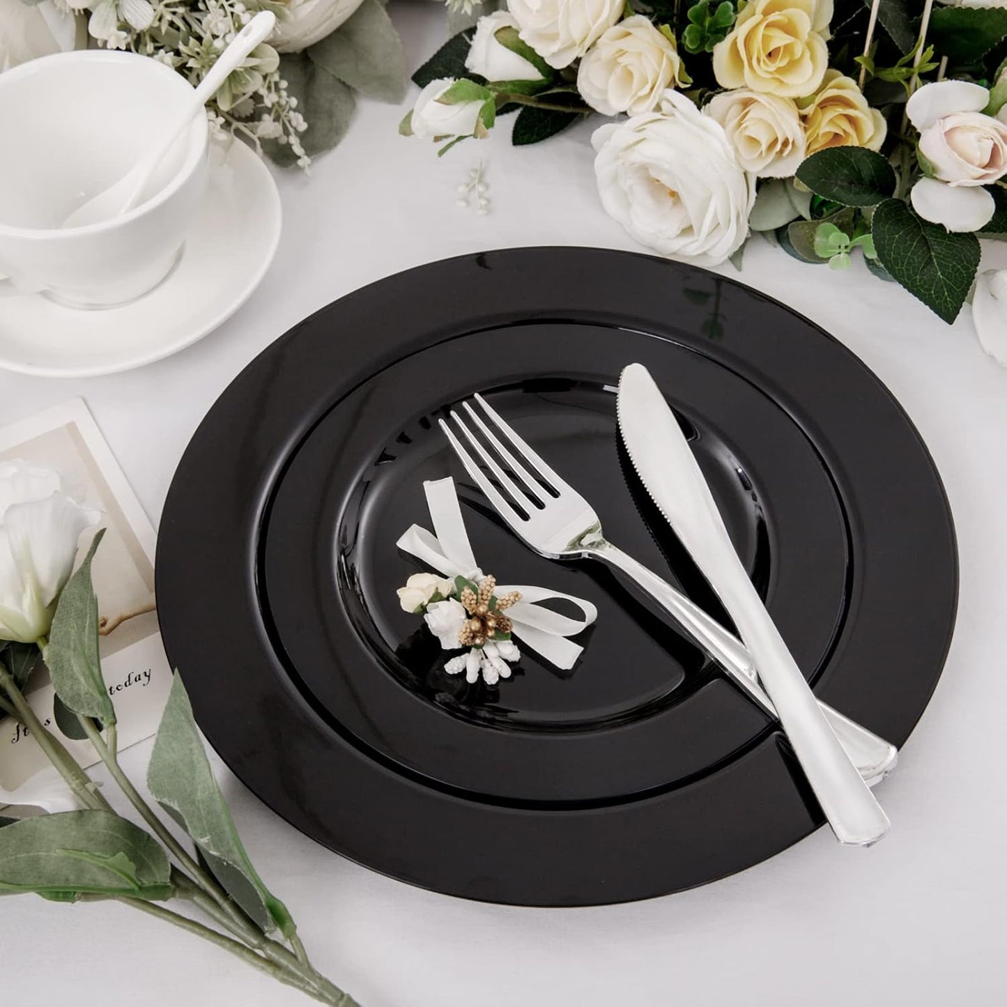 FLOWERCAT 60PCS White Plastic Plates - Heavy Duty White Disposable Plates for Mother's Day/Birthday Party/Wedding -serve for 30 guests Include 30PCS 10.25" & 30PCS 7.5" Plates for Party