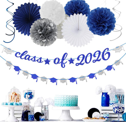 2026 Blue Class-Congratulations Prom Graduation Party-Decorations - 22pcs High School College Grad Supplies Decor,Royal Navy White Silver Tissue Pom Poms Streamers, Paper Flowers Lanterns Hugmoon