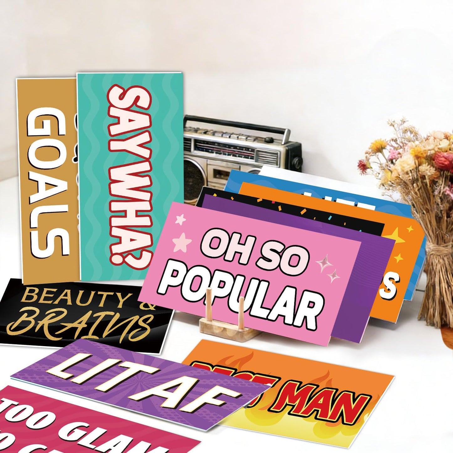 Photo Booth Props 24 Designs Double Sided Photobooth Props 11x5.5 Inch Waterproof Office Party for Office Work Celebration Activity Team Parties Gatherings Supplies