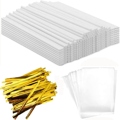 300PCS Lollipop Cake Pop Treat Bag Set Including 100pcs Parcel Bags, Papery Treat Sticks, Gold Metallic Twist Ties for Making Candies, Chocolates and Cookies