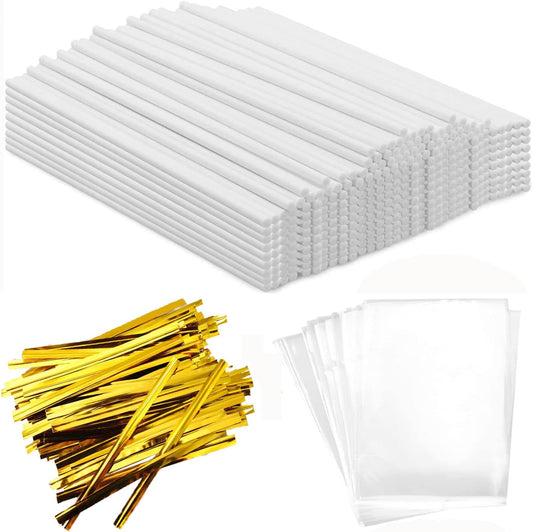 300PCS Lollipop Cake Pop Treat Bag Set Including 100pcs Parcel Bags, Papery Treat Sticks, Gold Metallic Twist Ties for Making Candies, Chocolates and Cookies