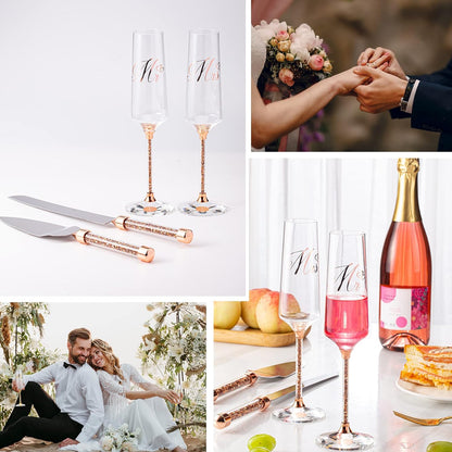 Wedding Cake Knife and Server Set, Mr and Champagne Flutes with Wedding Cake Cutting Set for Bride and Groom Toasting (Clear)
