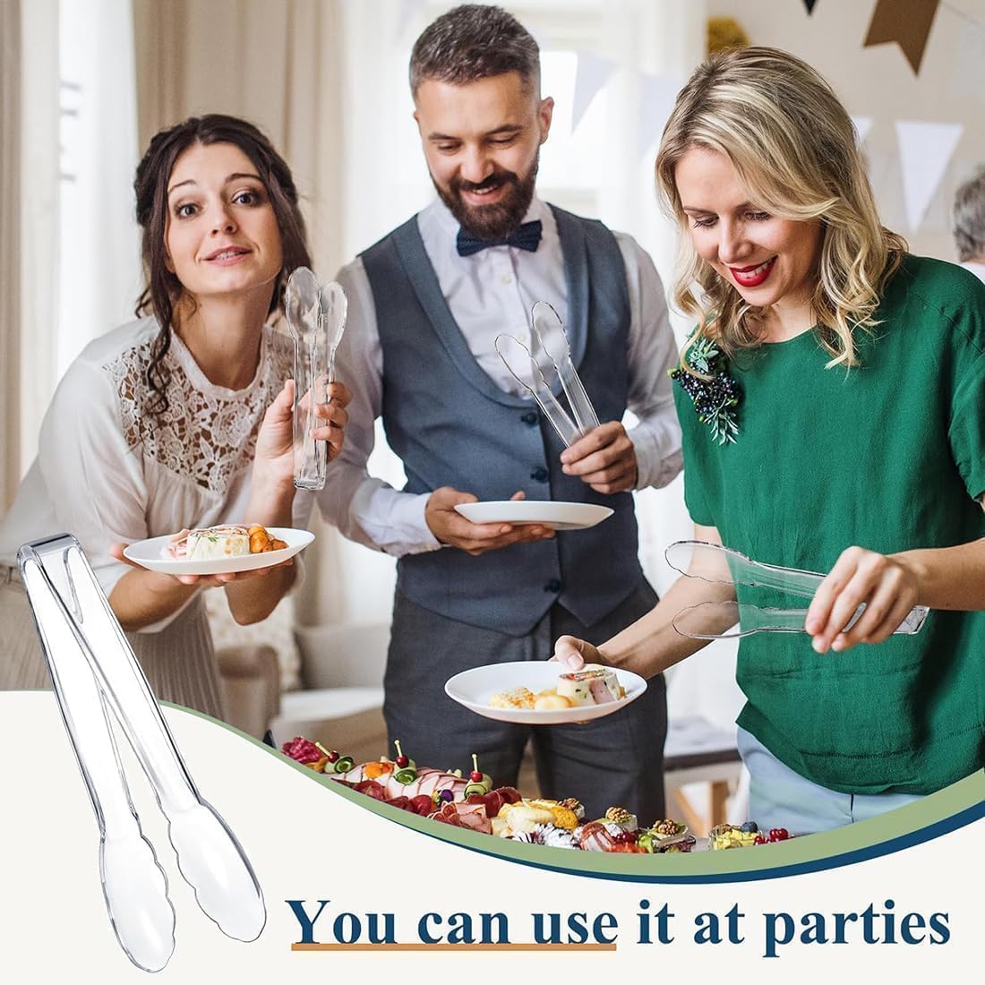 6 Pcs Clear Kitchen Tongs, Plastic Disposable for Serving Food, Ice, Salad, Barbecue, Cookies, BPA-Free(8.85 Inch) (6 X 8.85")