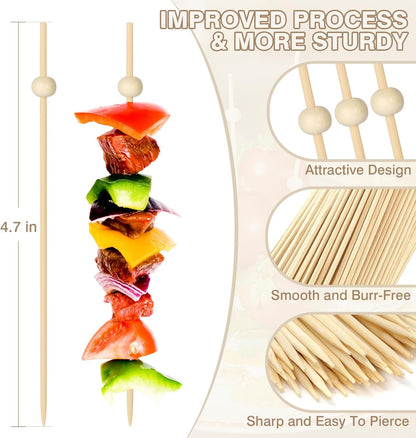 200PCS Cocktail Picks, Natural Wooden Ball Fancy Toothpicks for Appetizers, 4.7 Inch Long Bamboo Skewers Garnish Sticks for Food Drinks Sandwich Fruit Charcuterie Boards Accessories Party Supplies
