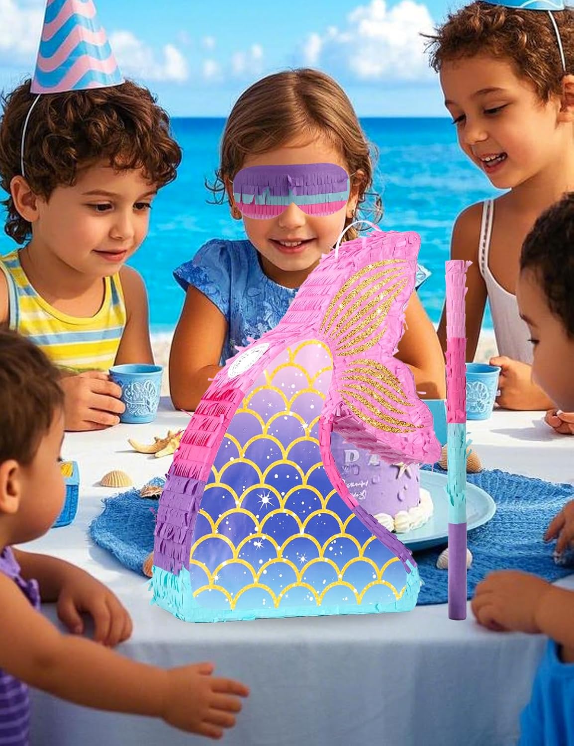 Unicorn Piñata for Birthday Party Girl, Princess Party Piñata with Wood Stick, Blindfold & Confetti, Rainbow Unicorn Birthday Decoration (15.6"x12.6"x3.1")