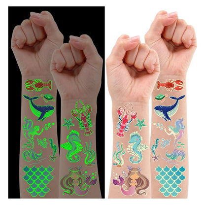 Partywind 380 Styles (30 Sheets) Luminous Tattoos for Kids, Mixed Styles Temporary Tattoos Stickers with Mermaid/Dinosaur/Space/Pirate for Boys and Girls, Glow Party Supplies