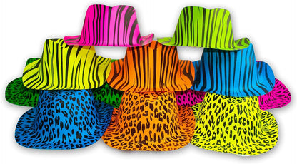 The Glowhouse Premium Neon Gangster Hats Plastic Fun Party Fedora UV Blacklight Glow Pack of 12 (Animal Print)