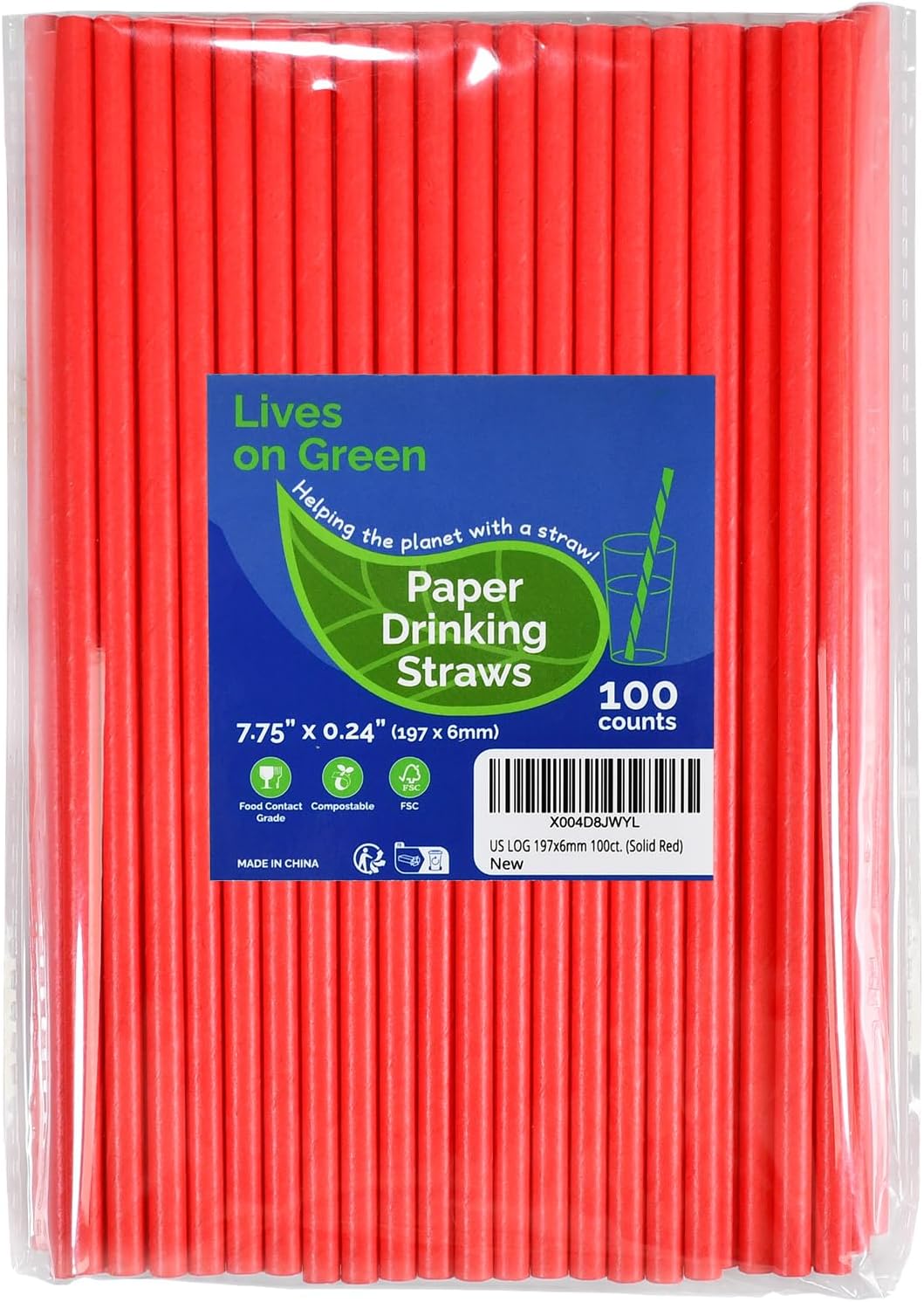 Disposable Paper Straws Solid Green - 7.75'' x 0.24'', 100 Counts - for Drinking, Beverage, Juice, Soda, Bar Supplies