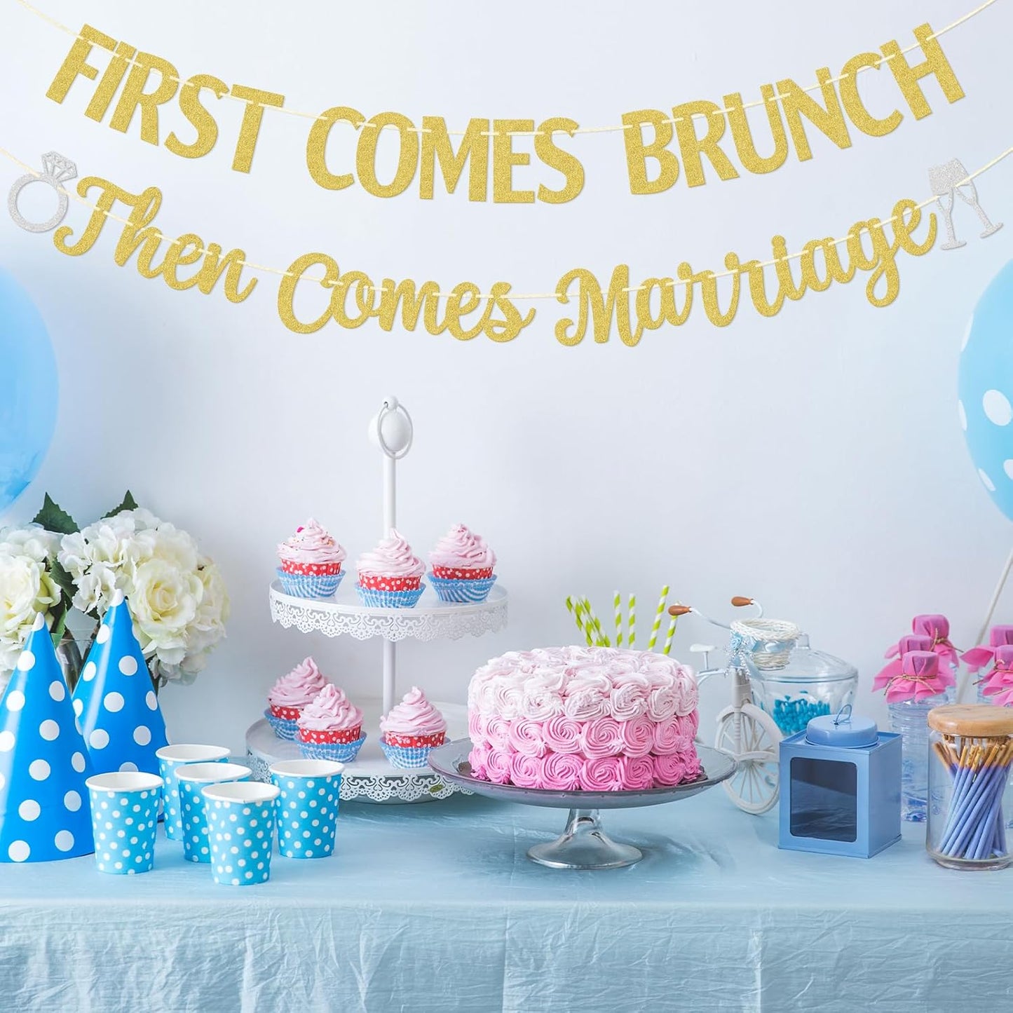 First Comes Brunch Then Comes Marriage Banner - Wedding Party Decorations - Bridal Brunch Welcome Sign Decor - Engagement Banner - Gold Glitter