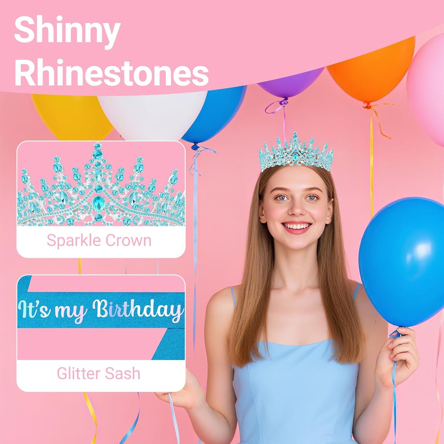 Birthday Tiara and Crown with Sash, Birthday Tiara for Women Party Silver