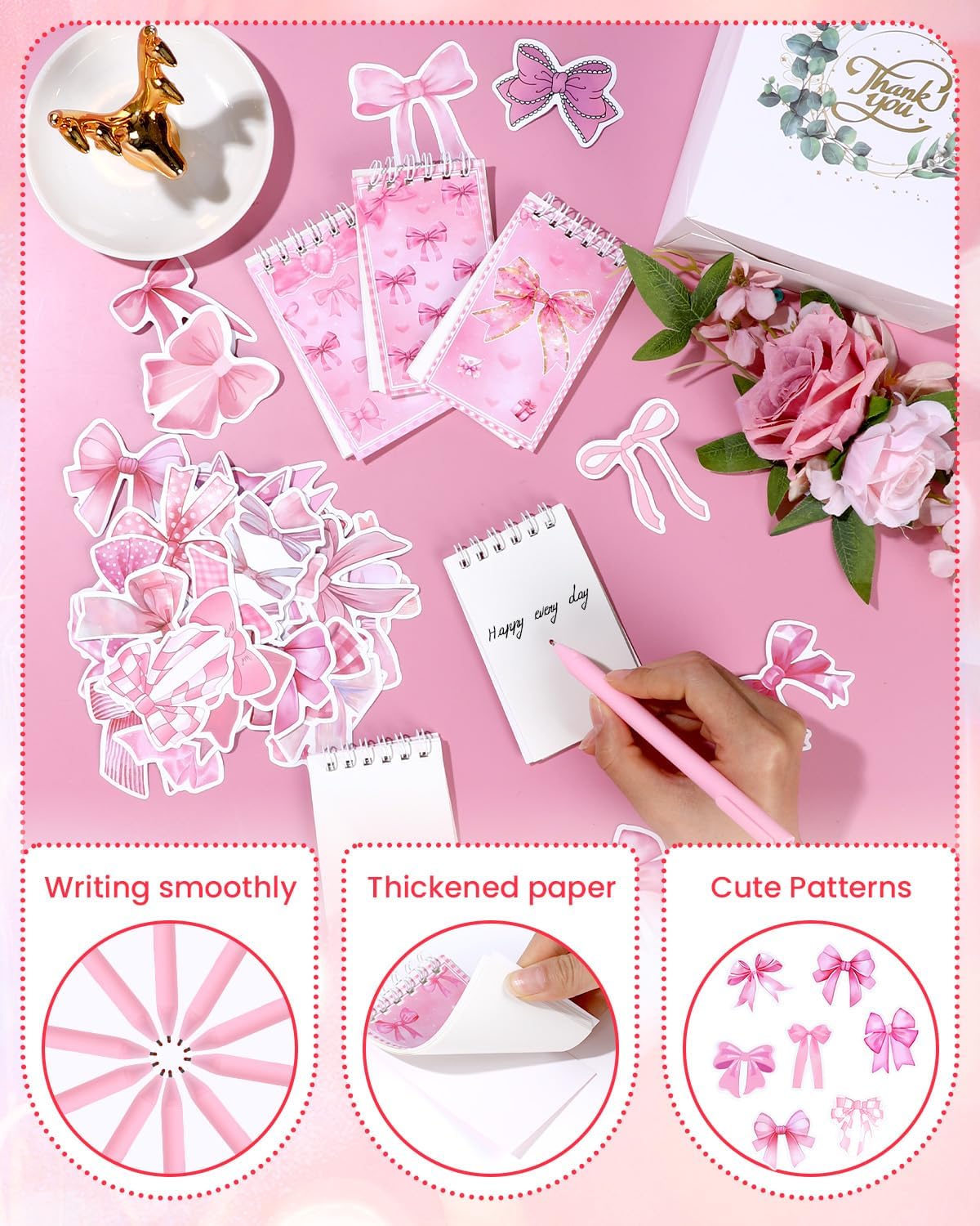 123 Pieces Bow Party Favors Coquette Pink Bow Spiral Notebook Cute Journal Ballpoint Pens Bow Stickers Set Pink Office Supplies for Bow Themed Birthday Party Supplies School Stationery Supply