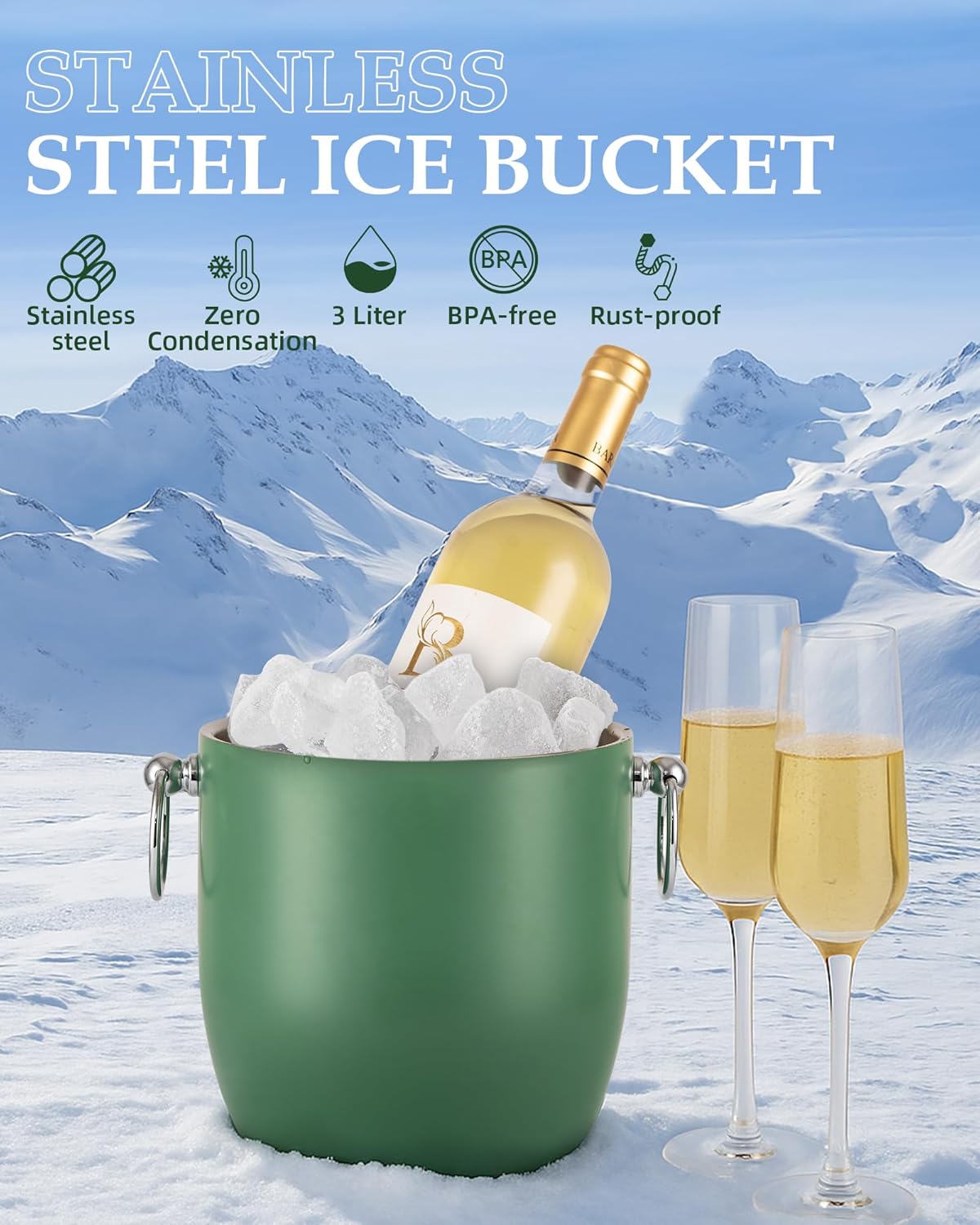Insulated Ice Bucket, 3L Double Wall Stainless Steel Ice Bucket with Tongs,Lid, Scoop and Strainer, Ice Buckets for Parties,Cocktail Bars, Chilling Beer, Champagne, Wine Bottles,Wood