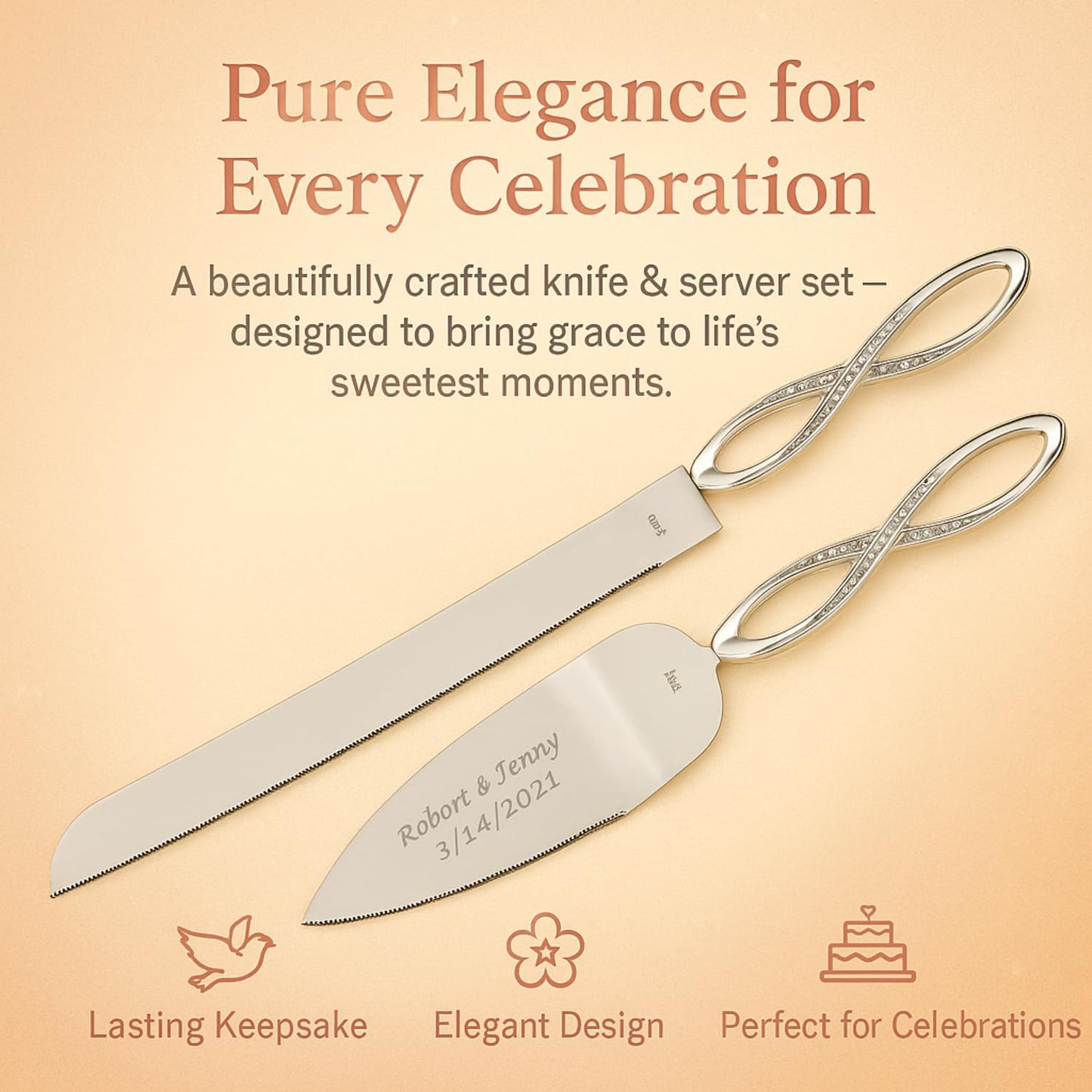 GIFTS INFINITY Personalized Wedding Cake Knife and Server Set with Engraving – Cake Cutting Utensil Set, Keepsake Gift for Wedding, Anniversary, Reception, Birthday & Other Occasions (CH-101WB)
