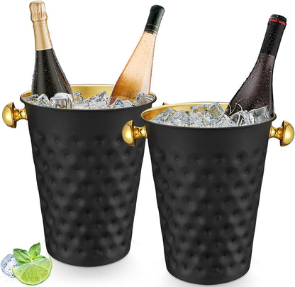 MorningRo 2 Pcs 5 Quart Black Champagne Ice Bucket 4.7 L Metal Doublewall Hammered Stainless Steel Wine Beer Chiller Home Bar Accessories for Football Sports Wedding Party Summer BBQ (Beveled Mouth)