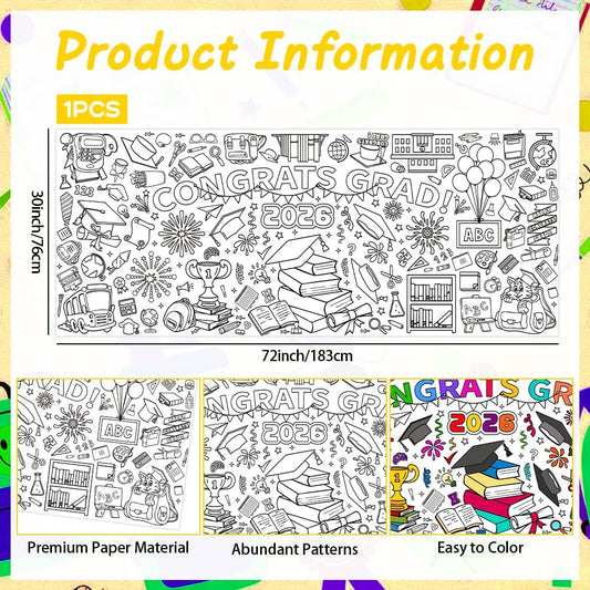Graduation Coloring Tablecloth/Poster, Kindergarten Graduation Gifts, 72" X 30" Paper Coloring Graduation Tablecloth for Kids Crafts Activities, DIY Kindergarten Preschool Graduation Decorations Gifts