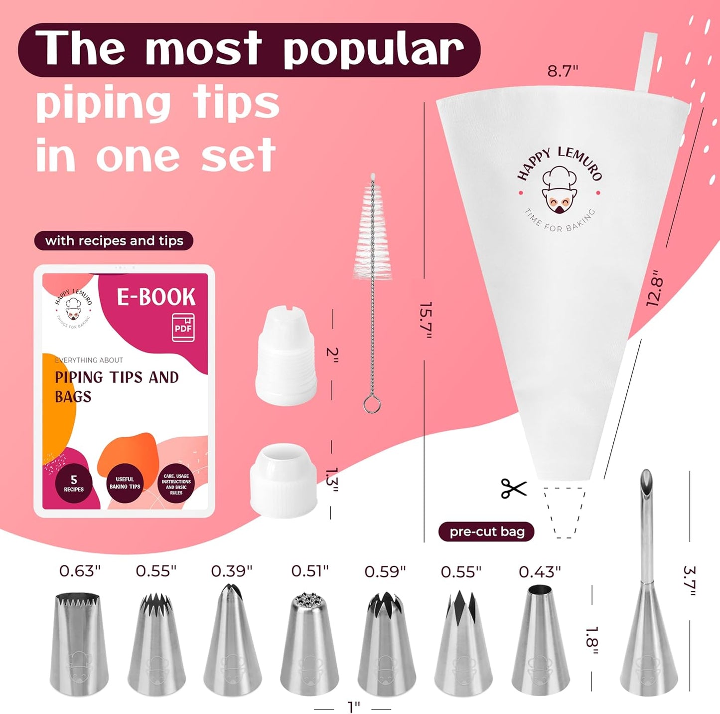 Premium Reusable Piping Bags and Tips Set - Cotton Pastry Bag 16" with 8 Large Icing Tips for Cake Decorating - Large Piping Tips Set - Dishwasher Safe
