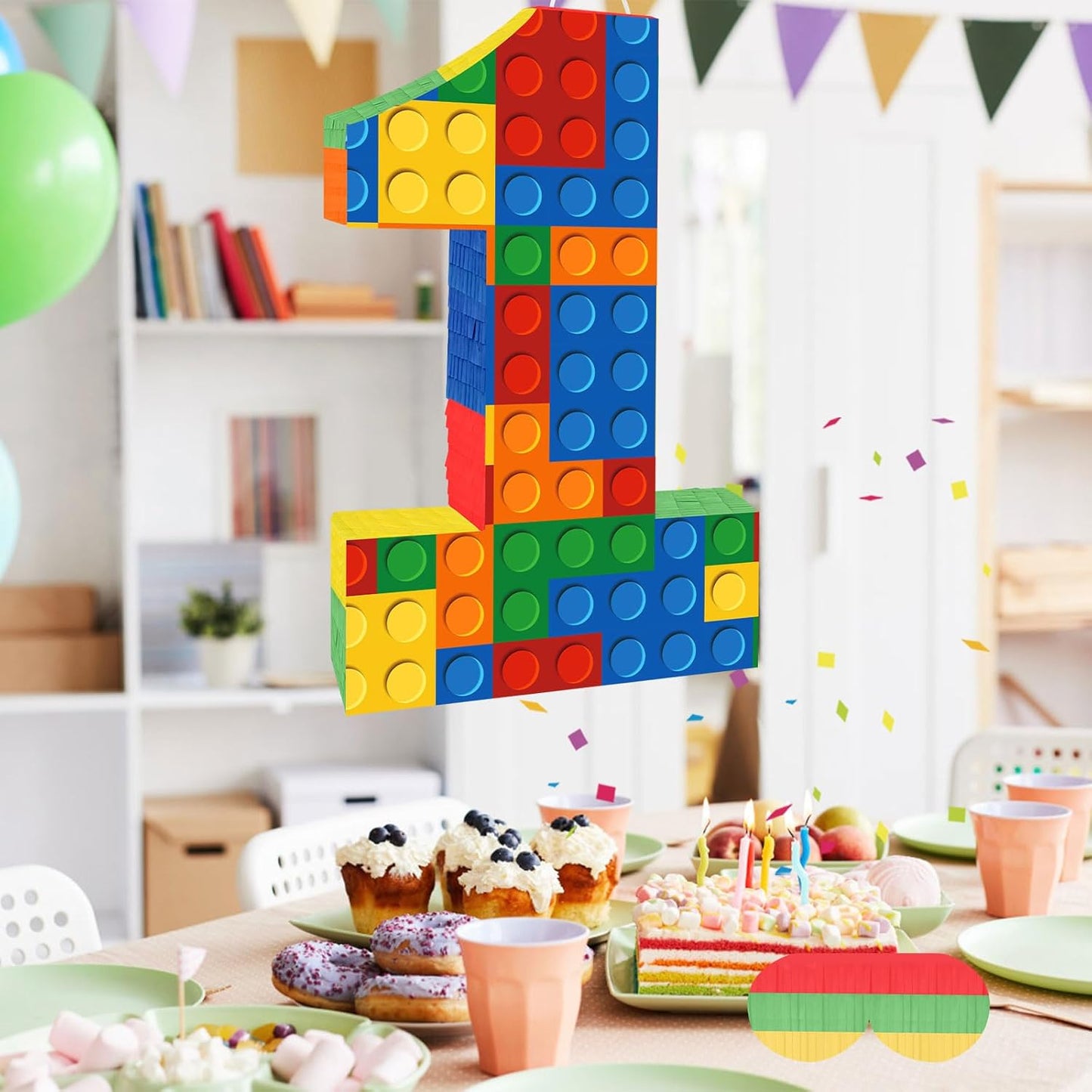 Number 7 Pinata Building Blocks with Pinata Stick Blindfold 7th Birthday Party Decorations Happy Birthday Building Block Theme Anniversary Party Supplies for Kids (Small, 16 x 10.6 x 3 in)
