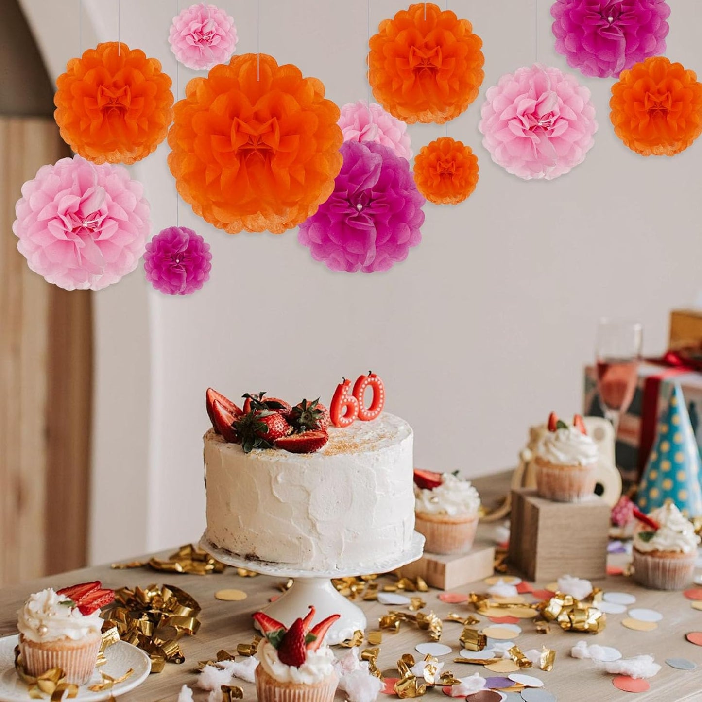Tissue Paper Pom Poms, Pink Tissue Paper Flowers, Hanging Flower Balls for Weddings Fiesta Parties Birthday Baby Showers Classroom Bridal Shower Decoration (18Piece Set-6/10/12/14Inch)