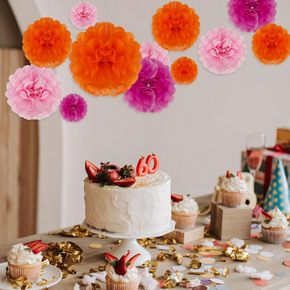 Tissue Paper Pom Poms, Pink Tissue Paper Flowers, Hanging Flower Balls for Weddings Fiesta Parties Birthday Baby Showers Classroom Bridal Shower Decoration (18Piece Set-6/10/12/14Inch)