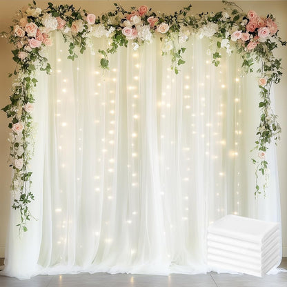 Fomcet Tulle Backdrop Curtains with Lights String White 10FT X 8FT Sheer Curtain with Lights Tulle Curtains Backdrop for Wedding Birthday Party Baby Shower Photo Shoot (2 Panels 5x8FT)