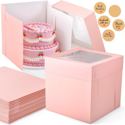 12Pcs 8x8x8 Inches Cake Boxes, Pink Square Bakery Boxes with Window, Disposable Cake Carrier Container for Pastries, Pie, Cookies, Chocolates, Cupcakes, Birthday Party, Wedding