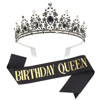 CAVETEE Red Black Birthday Crown and Sash for Women Sash & Rhinestone Tiara Set Red and Black Party Decorations Birthday Queen Crowns Tiaras for Women
