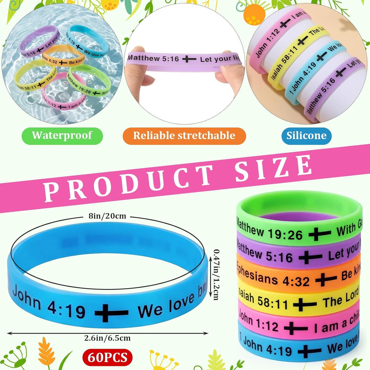 Tondiamo 60 Pcs Vbs 2026 Glow in The Dark 8'' Christian Wristbands Bulk, John 3:16 Bible Verse Luminous Bracelet with Scripture Words Christian Gift for Missionaries Religious Church (Stylish)