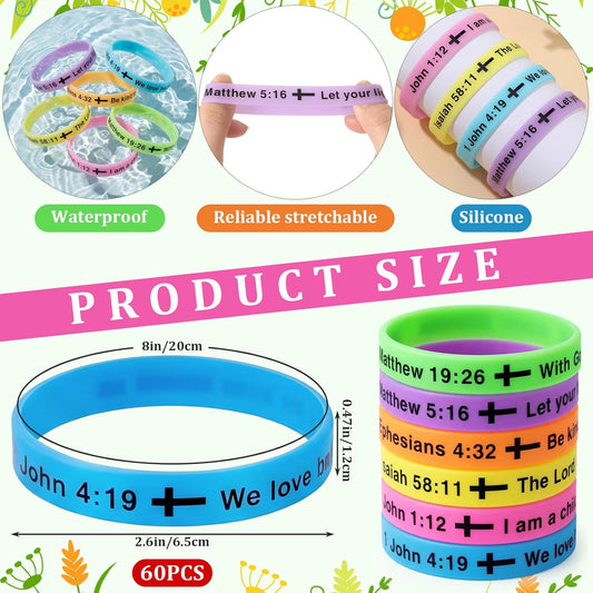 Tondiamo 60 Pcs Vbs 2026 Glow in The Dark 8'' Christian Wristbands Bulk, John 3:16 Bible Verse Luminous Bracelet with Scripture Words Christian Gift for Missionaries Religious Church (Stylish)