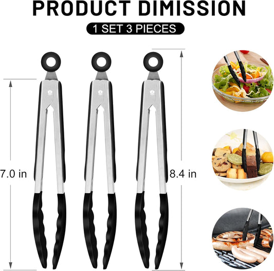Hotec Mini Silicone Kitchen Tongs for Cooking - 7-Inch Small Serving Tongs with Silicone Tips, Set of 3 (Blue)