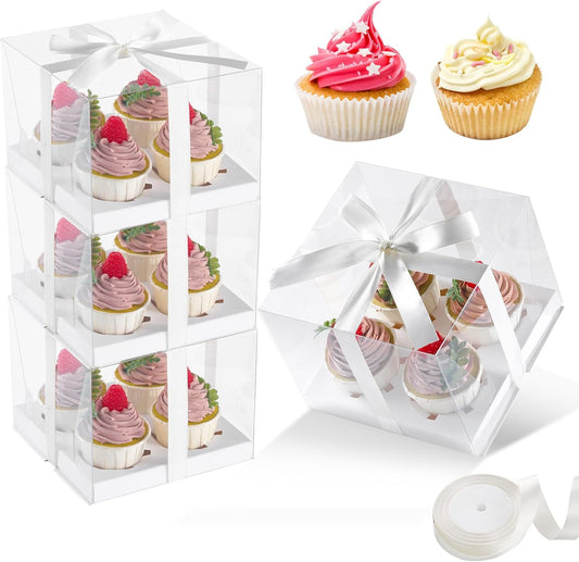 JCD 5.5inches height 4 Sets x 12 Counts Cupcake Containers Clear Plastic Cupcakes Box 12 Holders Dozen Cupcake Boxes, Disposable Cupcake Carrier Holder with Detachable Lid, BPA Free(12count/4pcs)